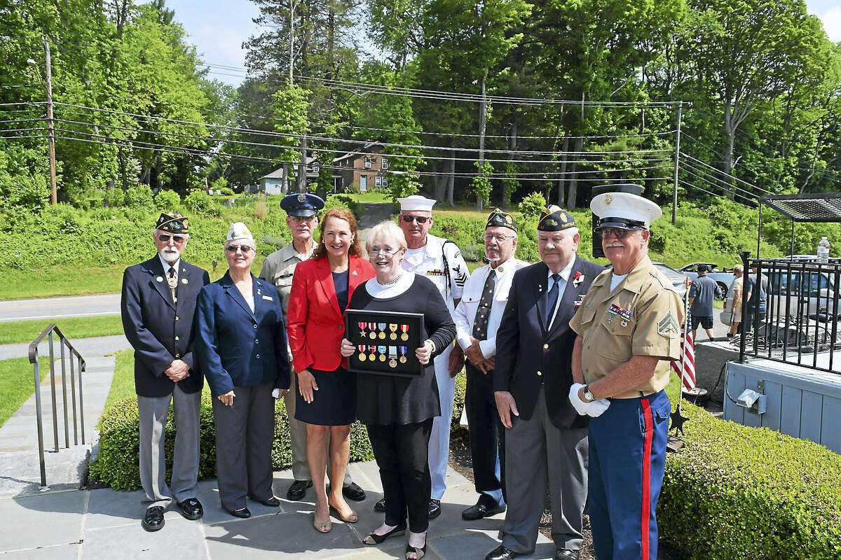 Elizabeth Esty and Maggie Klein are joined by members of American Legion Post 44 in Bantam.