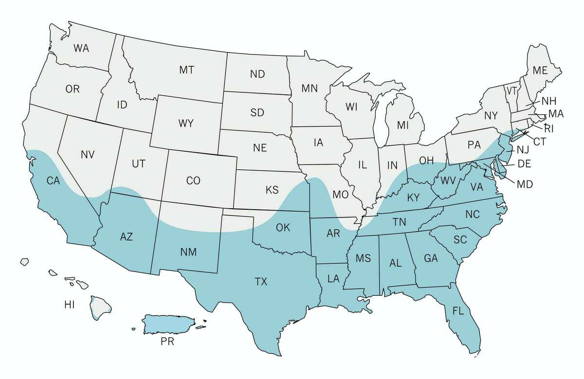 This image made available by the Centers for Disease Control and Prevention on Wednesday, March 30, 2016 shows a map of the United States with an estimated range of the Aedes aegypti mosquito for 2016 indicated in blue. On Wednesday, federal health officials said the mosquitoes, including the Aedes aegypti, that can transmit the Zika virus may live in a broader swath of the U.S. than previously thought but that doesn’t mean they’ll cause disease here.