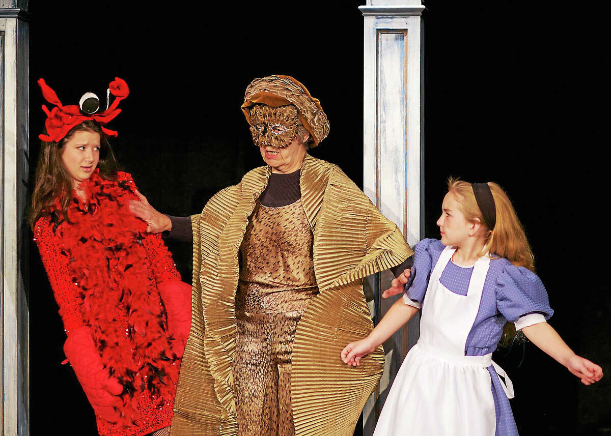 Photo by Richard Pettibone Talia Hankin as The Lobster, Sheila Echevarria as The Owl, and Faith Flanagan as Alice in Alice in Wonderland at the Sherman Playhouse