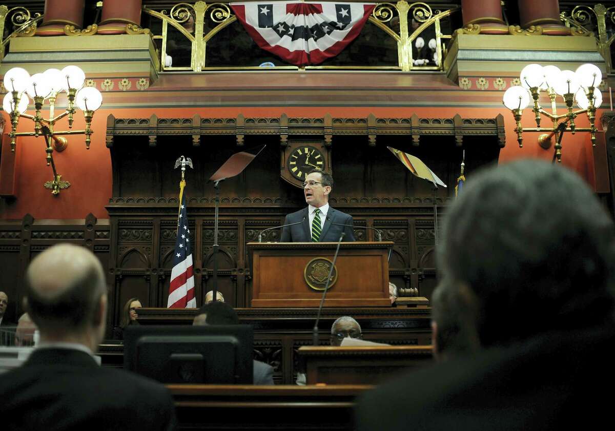 Connecticut Gov. Dannel P. Malloy delivers his budget address at the legislature in Hartford in February.