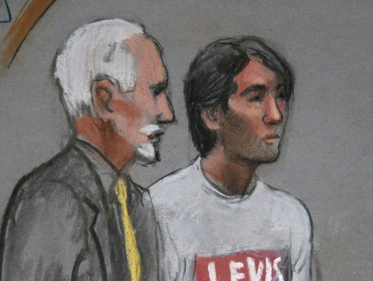 FILE - In this May 30, 2014 file courtroom sketch, Khairullozhon Matanov, right, stands with attorney Paul Glickman in federal court in Boston, facing obstruction of justice charges in the investigation of the Boston Marathon bombings. Matanov is scheduled to appear Tuesday, March 24, 2015, in federal court in Boston for a change of plea hearing.