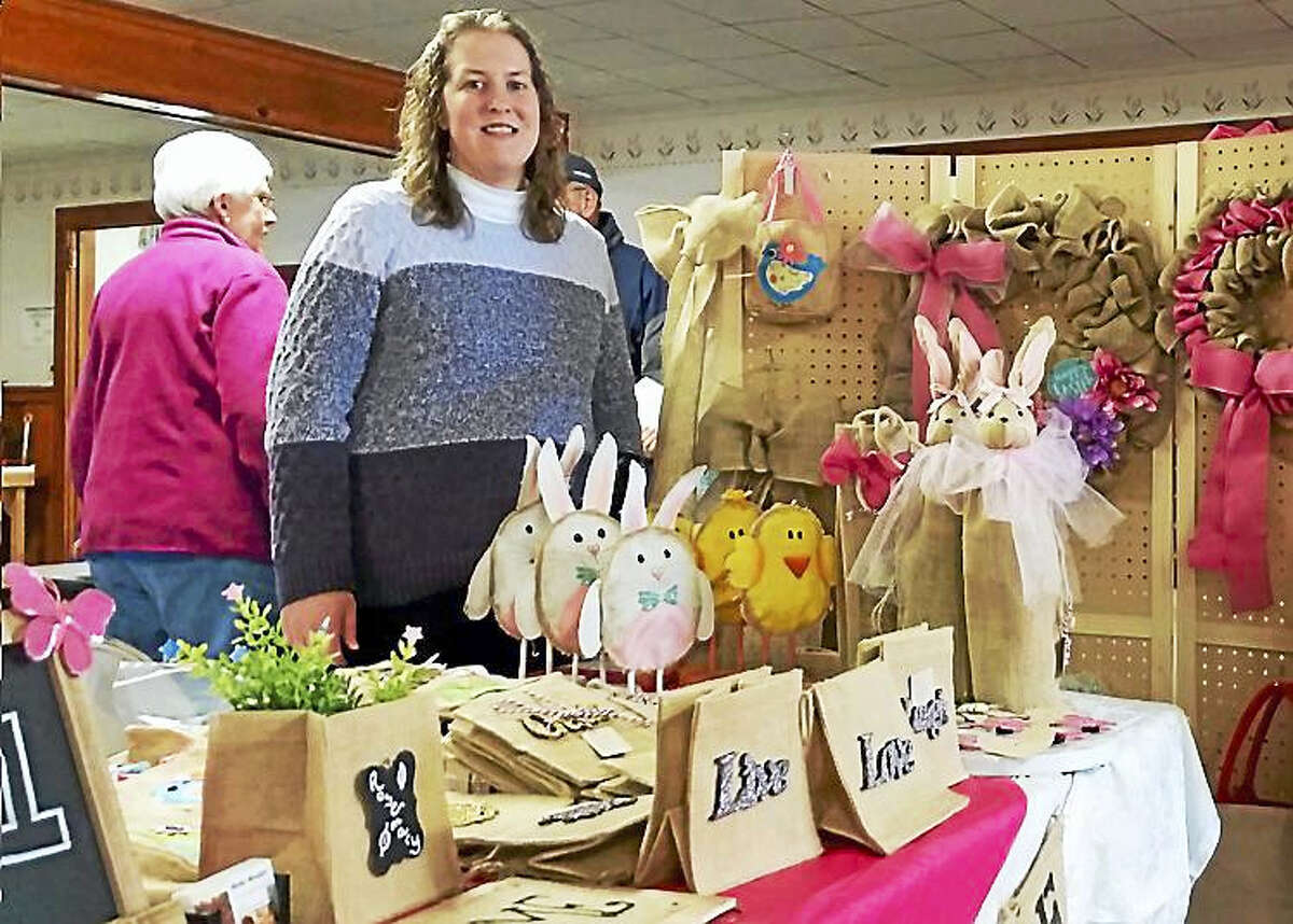 Karen Pavano of Burlap Beautiful showed off her homemade burlap bags, wreaths, and Easter-themed wine-bottle holders at the Winchester Grange’s Cabin Fever Craft & Bake Sale this past weekend in Winchester.