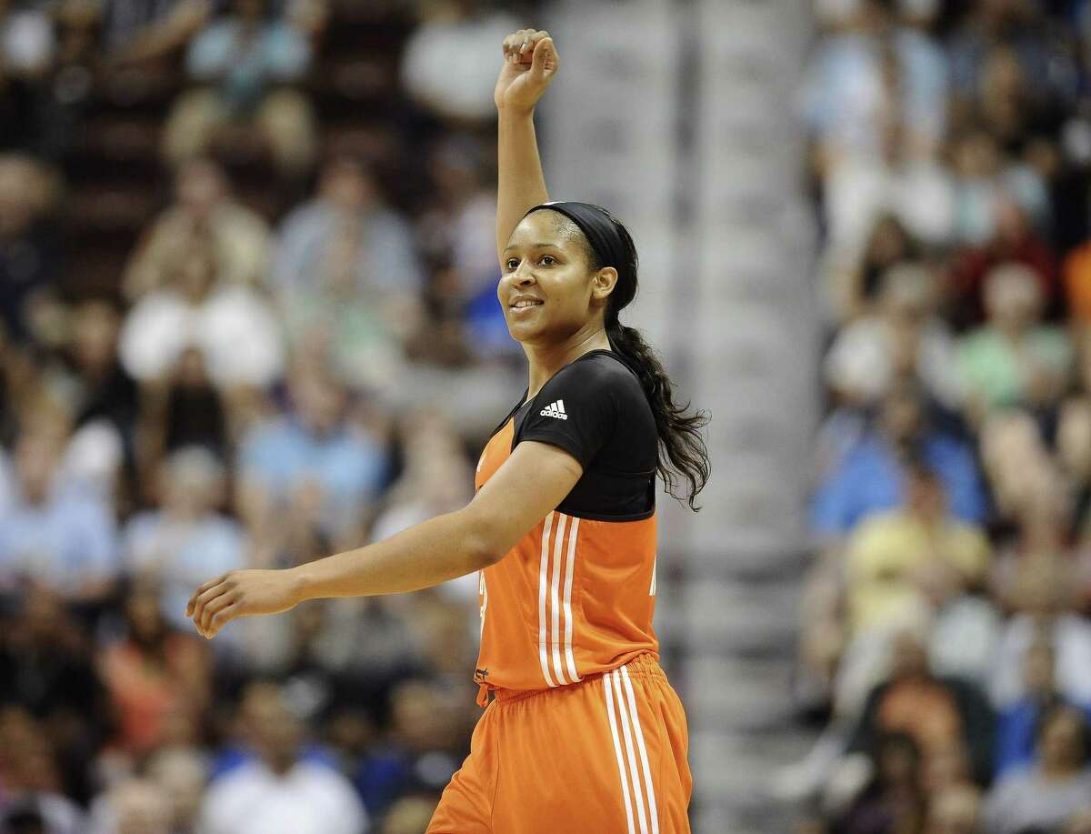 The Western Conference’s Maya Moore, of the Minnesota Lynx, reacts in the final seconds of the WNBA All-Star Game on Saturday in Uncasville. The West won 117-112 and Moore, who scored 30 points, was named MVP.