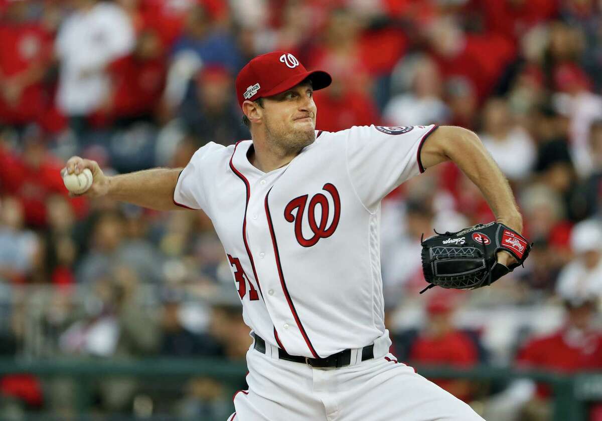 Washington Nationals starting pitcher Max Scherzer works against the Los Angeles Dodgers during the first inning in Game 1 of baseball’s National League Division Series. The Nationals turn to Scherzer for the deciding Game 5 of the NL Division Series tonight. Scherzer calls this the biggest start of his career with a spot against the Cubs in the NL Championship Series at stake.