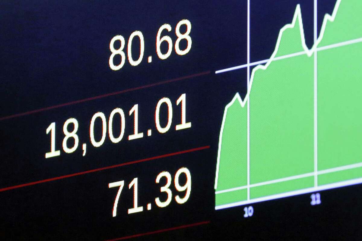 A screen above the trading floor of the New York Stock Exchange shows the Dow Jones industrial average as it moves above 18,000 in intraday trading Tuesday.
