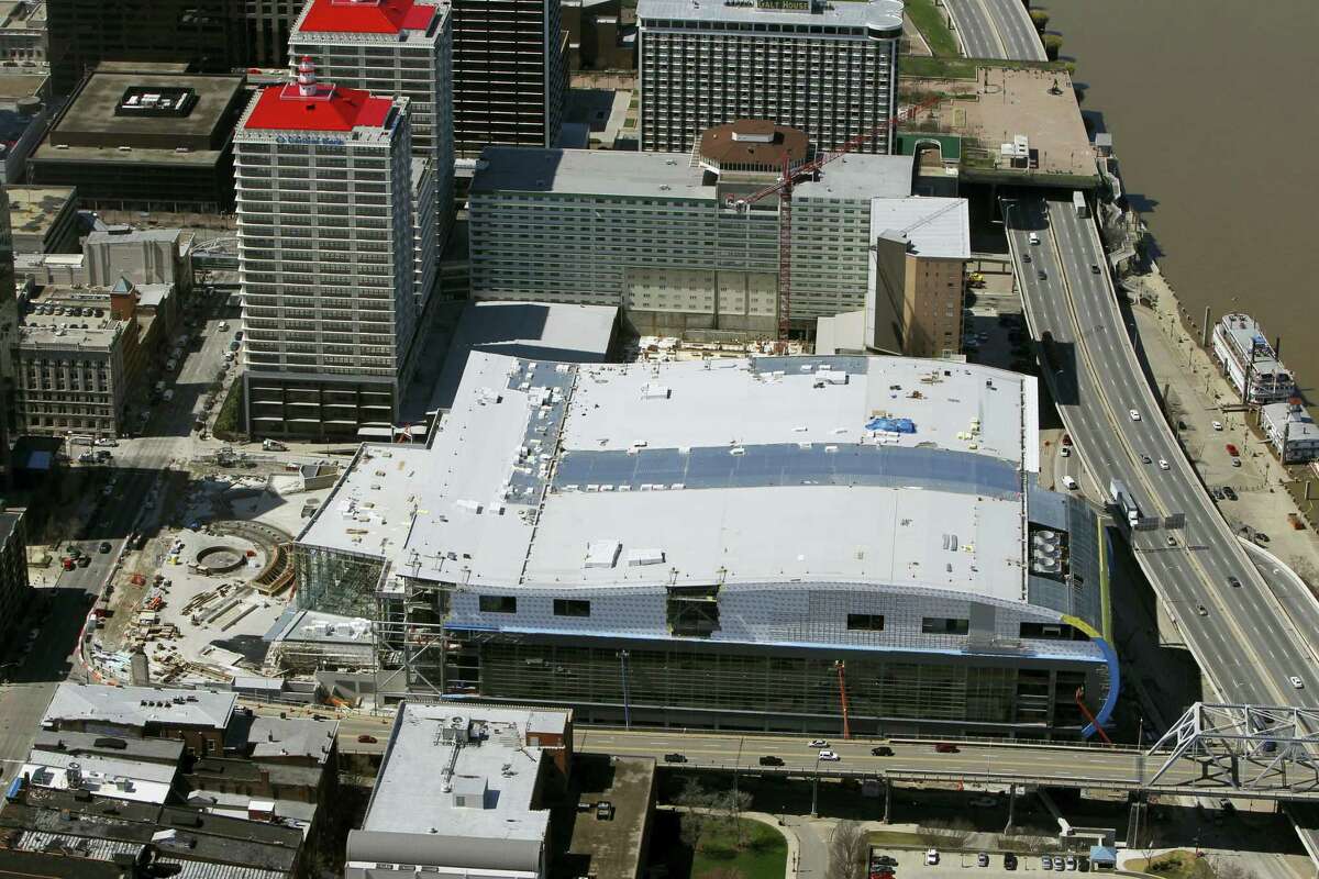 An aerial view of the Louisville basketball arena where the funeral for Muhammad Ali will take place on Friday.