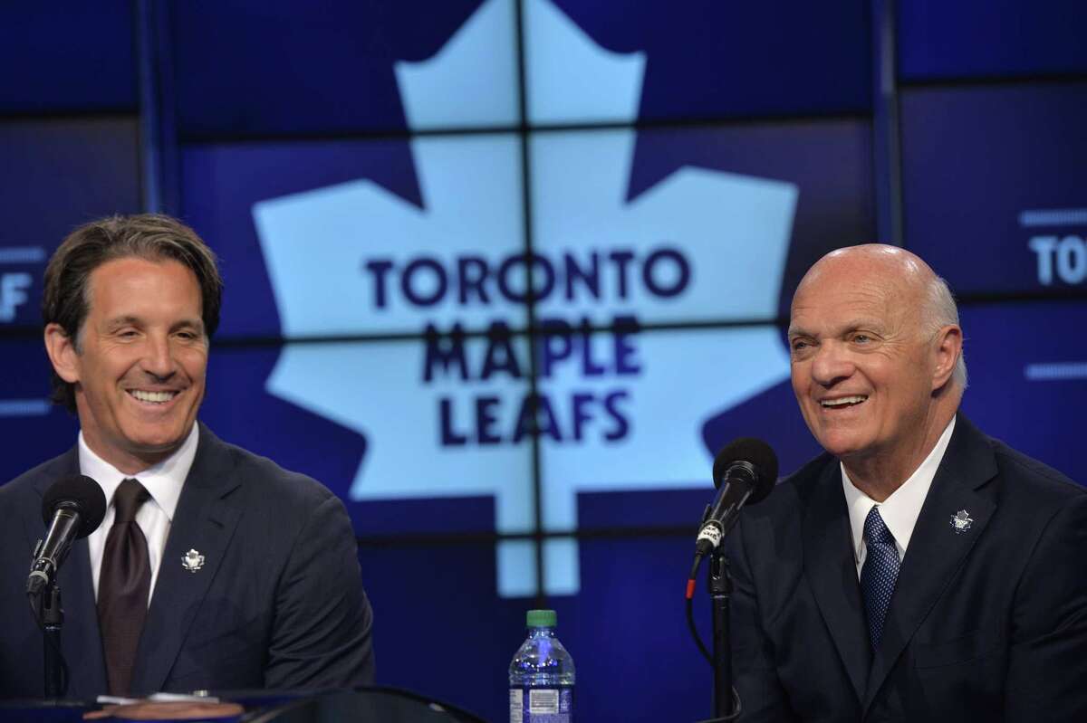 Toronto president Brendan Shanahan, left, announced Lou Lamoriello as the new general manager of the Maple Leafs on Thursday in Toronto.