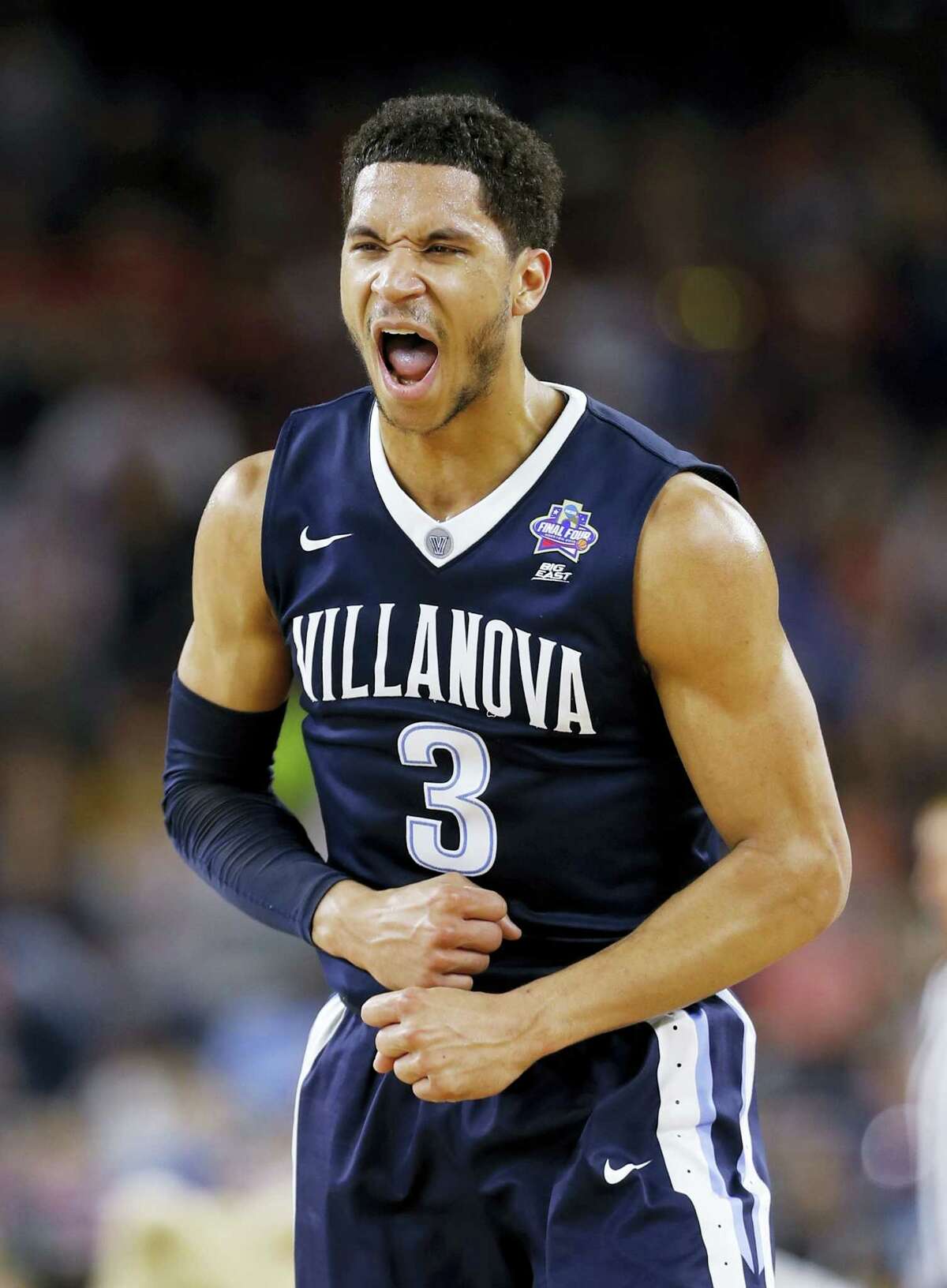 In this April 2, 2016 photo, Villanova guard Josh Hart (3) reacts to a three-point shot against Oklahoma during the first half of the NCAA Final Four tournament college basketball semifinal game, in Houston. Villanova senior guard Josh Hart is the coaches’ choice as preseason player of the year.
