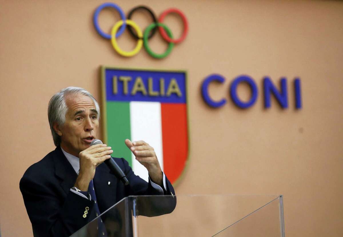 Italian Olympic Committee President Giovanni Malago’ speaks during a press conference in Rome, Tuesday, Oct. 11, 2016. The Italian Olympic Committee is suspending Rome’s bid for the 2024 Games for the time being, while leaving open the possibility for a revival of the candidacy if there is a change in city government.
