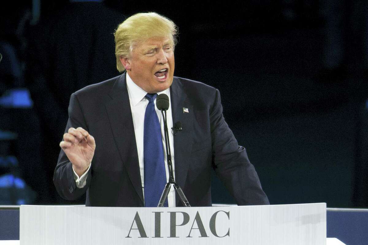 Republican presidential candidate Donald Trump speaks at the 2016 American Israel Public Affairs Committee (AIPAC) Policy Conference at the Verizon Center in Washington Monday.