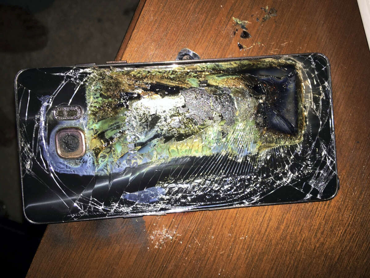 A damaged Samsung Galaxy Note 7 on a table in Richmond, Va., after it caught fire.