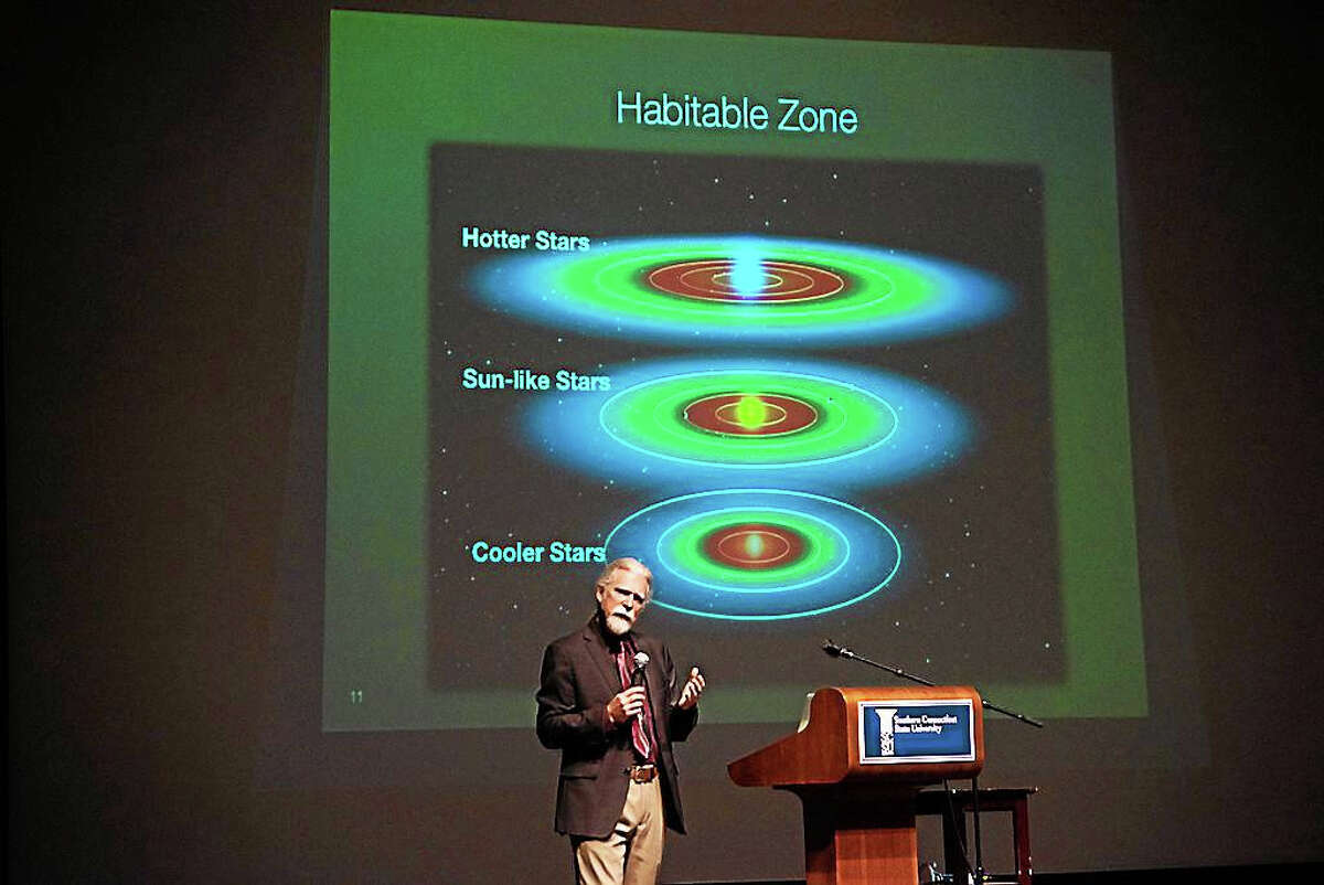 Steve Howell, project scientist for NASA’s Kepler Mission, talks about the need for planets to be in a habitable zone – neither too close nor too far away from their sun -- if they are likely to harbor life. Howell was the keynote speaker Monday during an astronomy forum at Southern Connecticut State University.