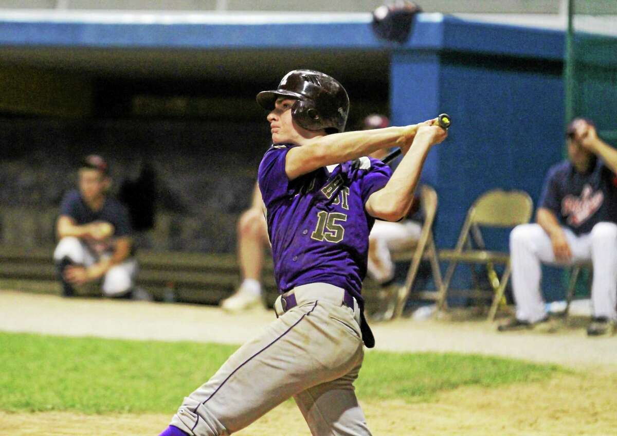 Spencer Cookson of NWCT connects for an RBI in his team’s win over Sports Palace Monday night at Fuessenich Park in Torrington.