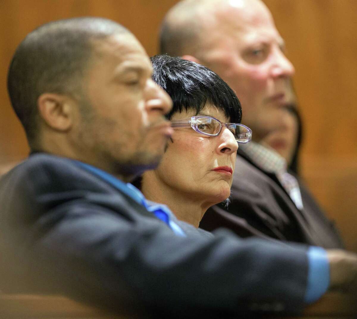 Terri Hernandez, right, listens during the trial of her son, former New England Patriot Aaron Hernandez, on Tuesday in Fall River, Mass.