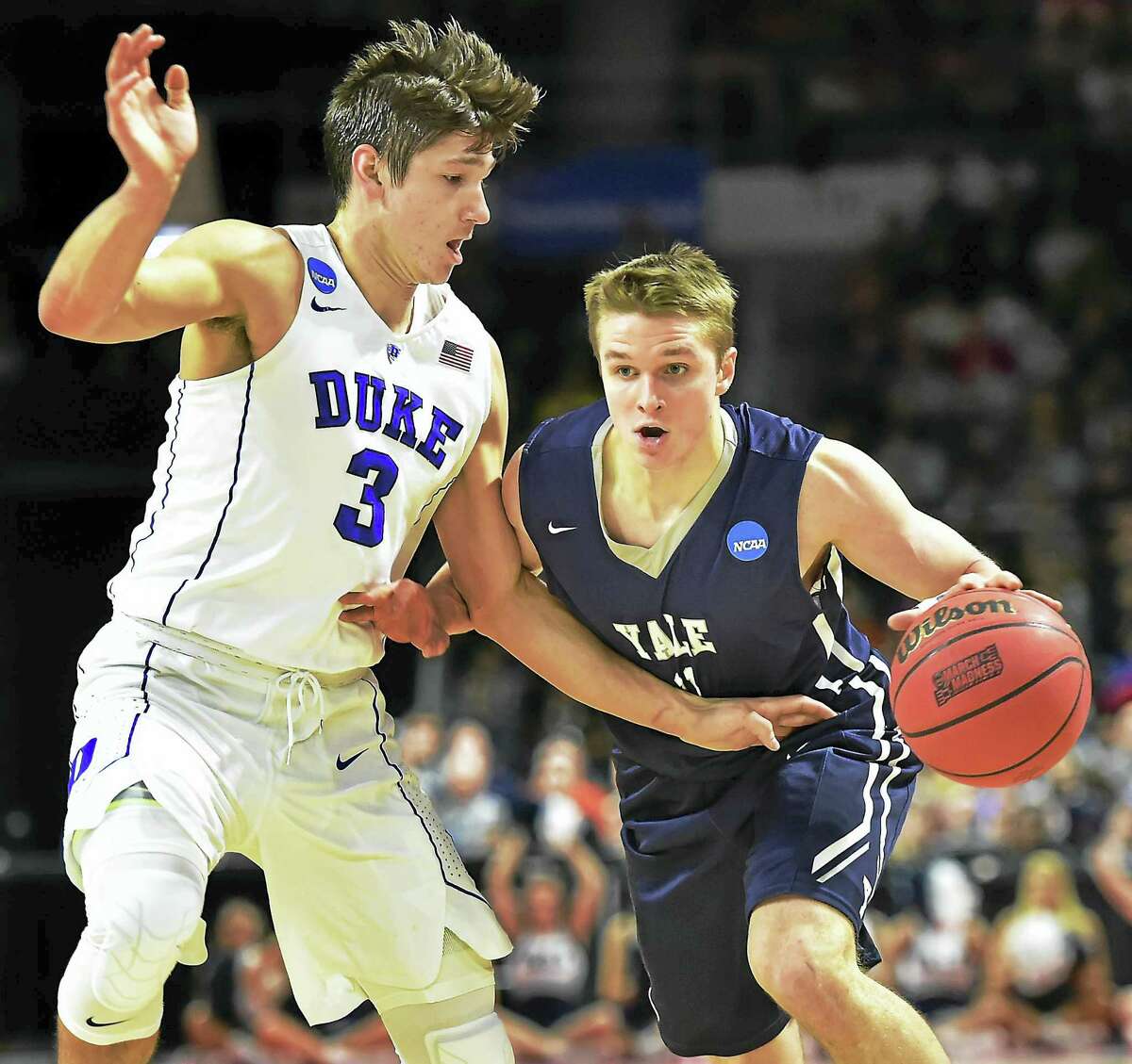 Yale sophomore guard Makai Mason, driving against Duke’s Grayson Allen in the Bulldogs’ second round loss in the NCAA tournament, will declare for the NBA Draft. A new rule allows underclassmen to return to college as long as they don’t sign an agent.