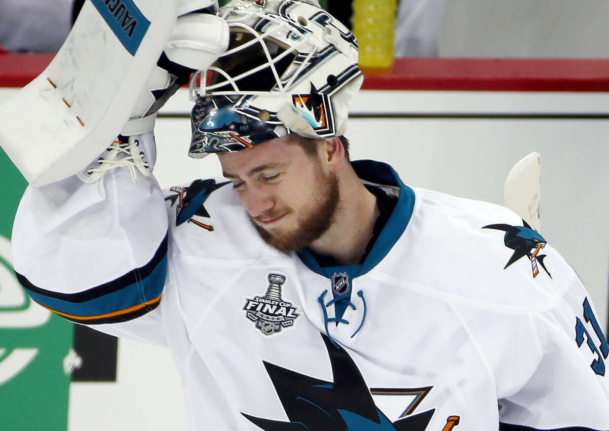 San Jose Sharks goalie Martin Jones skates back to the net after a timeout during Game 2 on Wednesday.