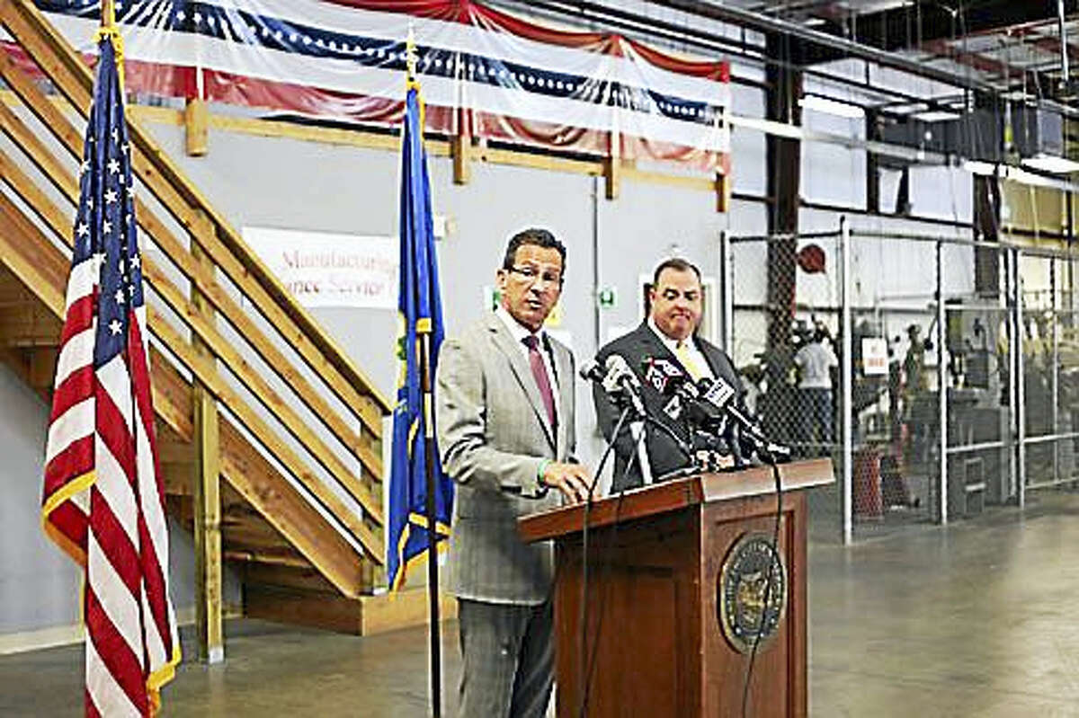 Gov. Dannel P. Malloy and Waterbury Mayor Neil O’Leary at Waterbury manufacturing training center for former offenders.