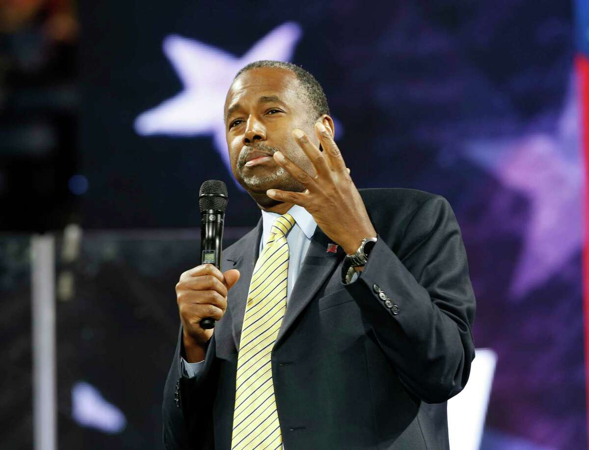 Republican Presidential candidate Dr. Ben Carson gestures during a speech at Liberty University in Lynchburg, Va., Wednesday, Nov. 11, 2015.