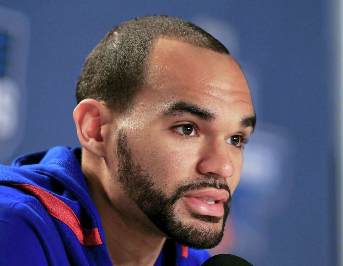 Kansas’ Perry Ellis speaks during a news conference on Friday in Des Moines, Iowa.