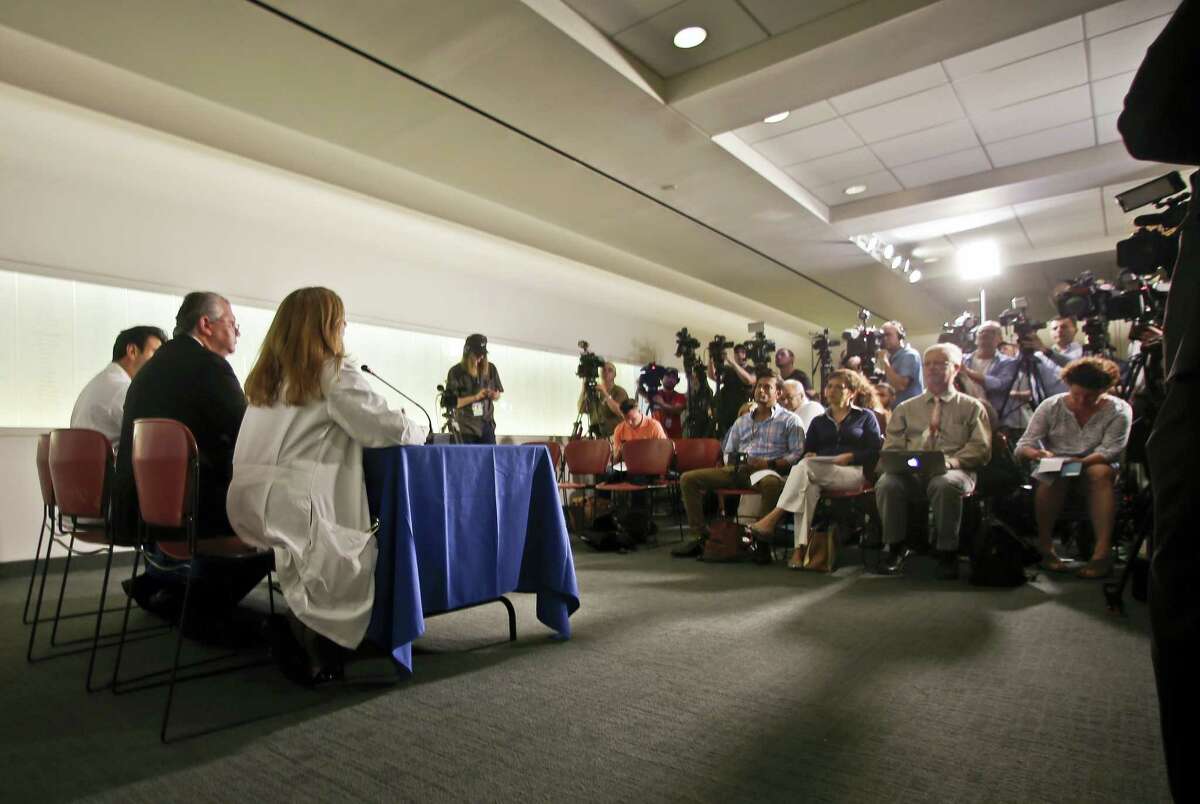 Dr. Abdulla Al-Khan, director of the Center for Abnormal Placentation, left, Dr. Ihor Sawczuk, president of the Hackensack University Medical Center, second from left, and Dr. Julia Piwoz, chief of the Pediatric Infections Diseases at the Joseph M. Sanzari Children’s Hospital, third from left speak during a news conference at the Hackensack University Medical Center, Wednesday, June 1, 2016, in Hackensack, N.J. Doctors say a baby born to a mother with the Zika virus appears to be affected by the disease. Officials at Hackensack University Medical Center say the 31-year-old woman from Honduras delivered the baby girl through a cesarean section on Tuesday.
