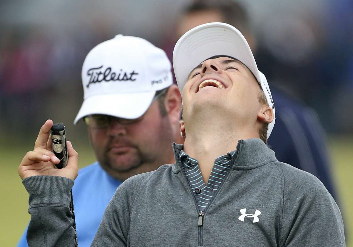Jordan Spieth laughs during a practice round at the British Open at the Old Course, St. Andrews, Scotland, on Wednesday.