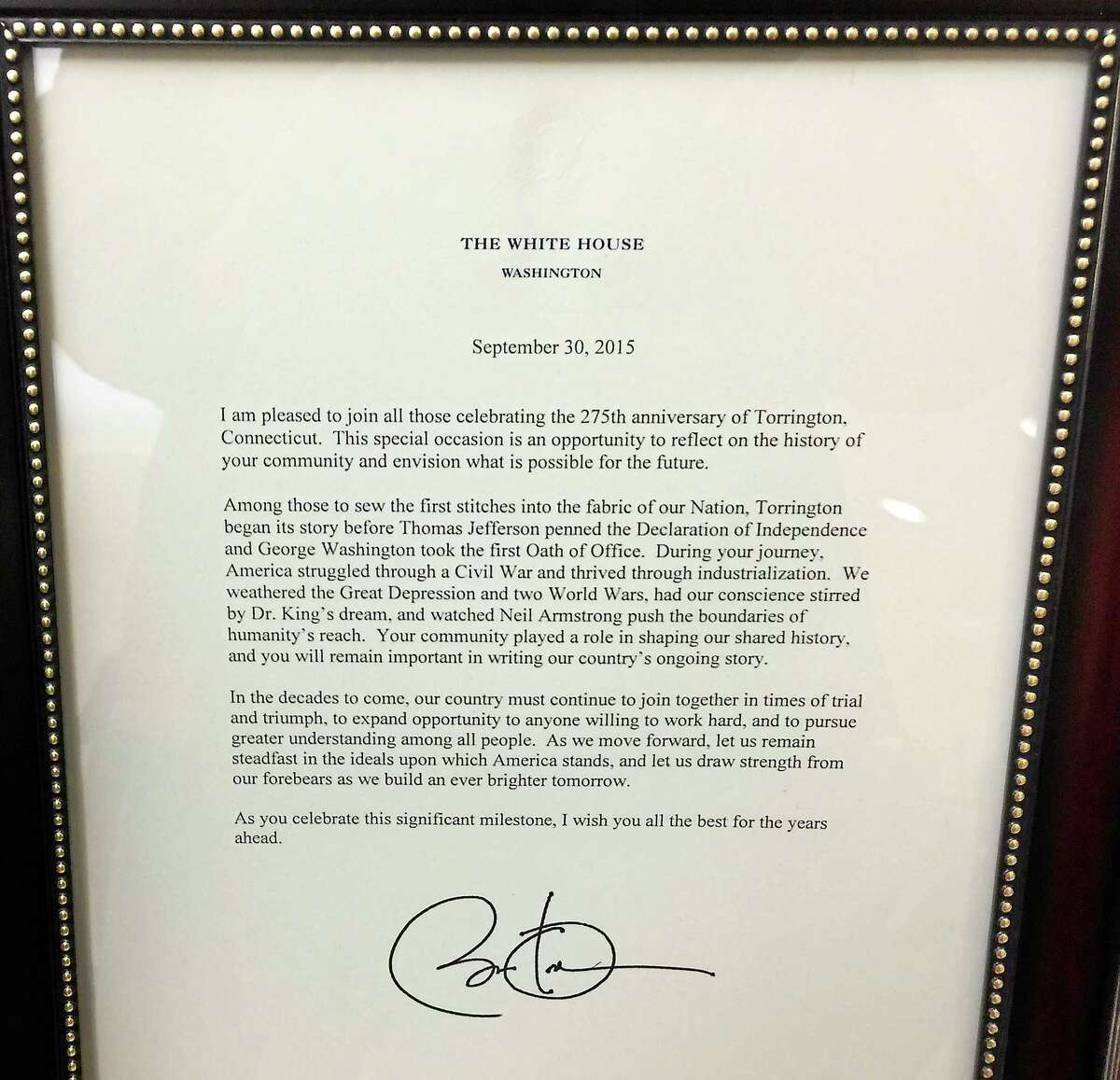 The proclamation sent by the White House in recognition of the recent celebration of Torrington’s 275th anniversary.