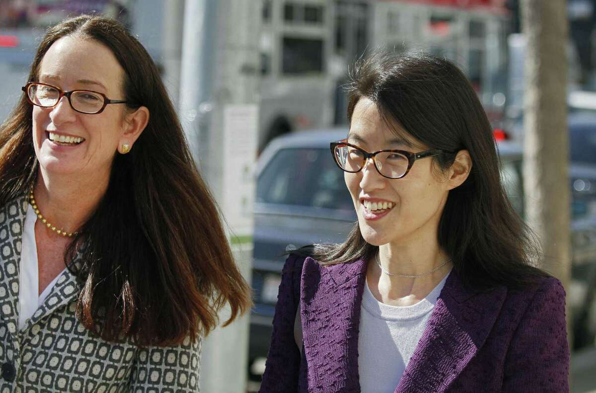 FILE - In this Feb. 24, 2015, file photo, Ellen Pao, right, leaves the Civic Center Courthouse along with her attorney, Therese Lawless, left, during a lunch break in her trial in San Francisco. Plaintiff Pao testified Monday, March 9, 2015, that female employees were treated disrespectfully at the firm of Kleiner Perkins Caufield & Byers, and some were not even invited, when the company held a series of events. Pao also told the jury at the civil trial that she complained to management about the atmosphere at Kleiner Perkins Caufield & Byers after learning a female colleague had complained about alleged sexual harassment. The investigator hired by the firm to investigate Pao's complaint concluded there was no gender discrimination at the firm. (AP Photo/Eric Risberg, File)
