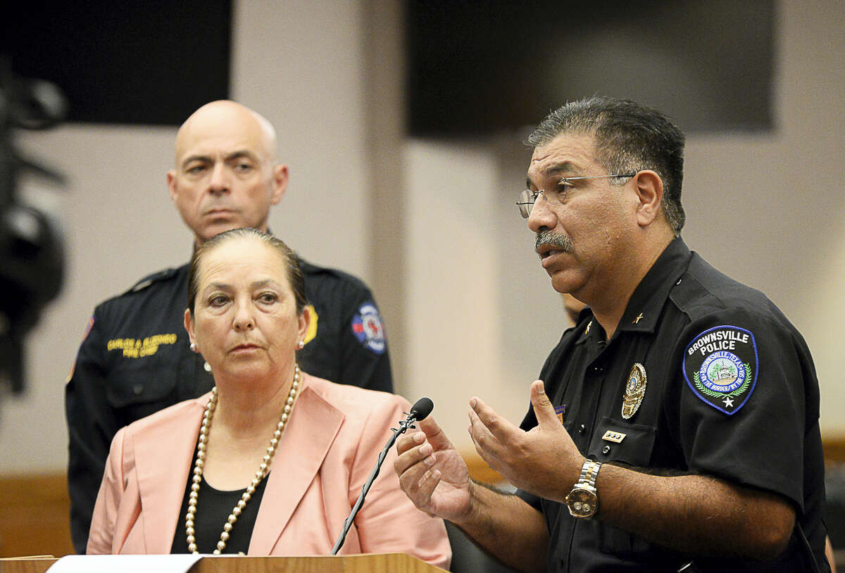 Police chief Orlando Rodriguez addresses the media, Tuesday, Oct. 4, 2016, in Brownsville, Texas. The local school district and city officials spoke to the media regarding recent threat-like hoaxes directed at area schools resulting in one student’s arrest and a pending investigation. (Jason Hoekema/The Brownsville Herald via AP)