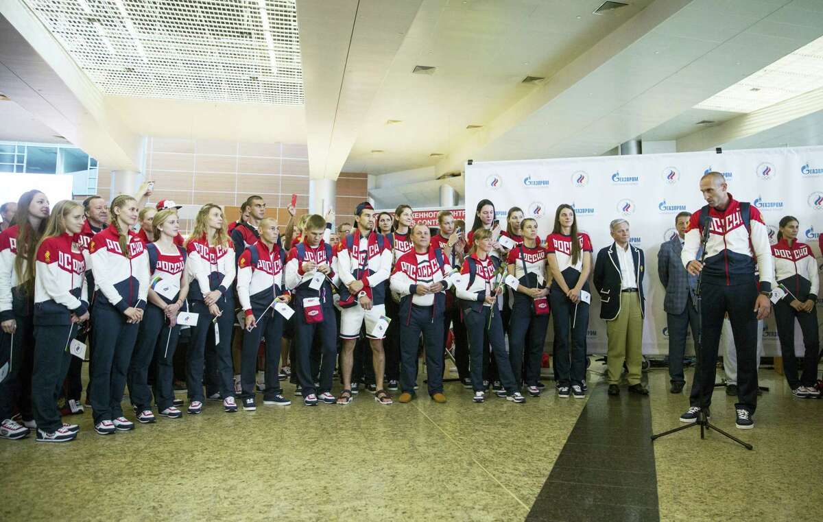 Volleyball player and Russia’s National Olympic team member Sergey Tetyukhin, front right, speaks during the farewell ceremony before Russian team’s departure to Rio Olympics, in Moscow, Russia on July 28, 2016. More than 100 Russians from the 387-strong Olympic team have been banned so far from going to Rio de Janeiro in connection with the country’s doping scandal.