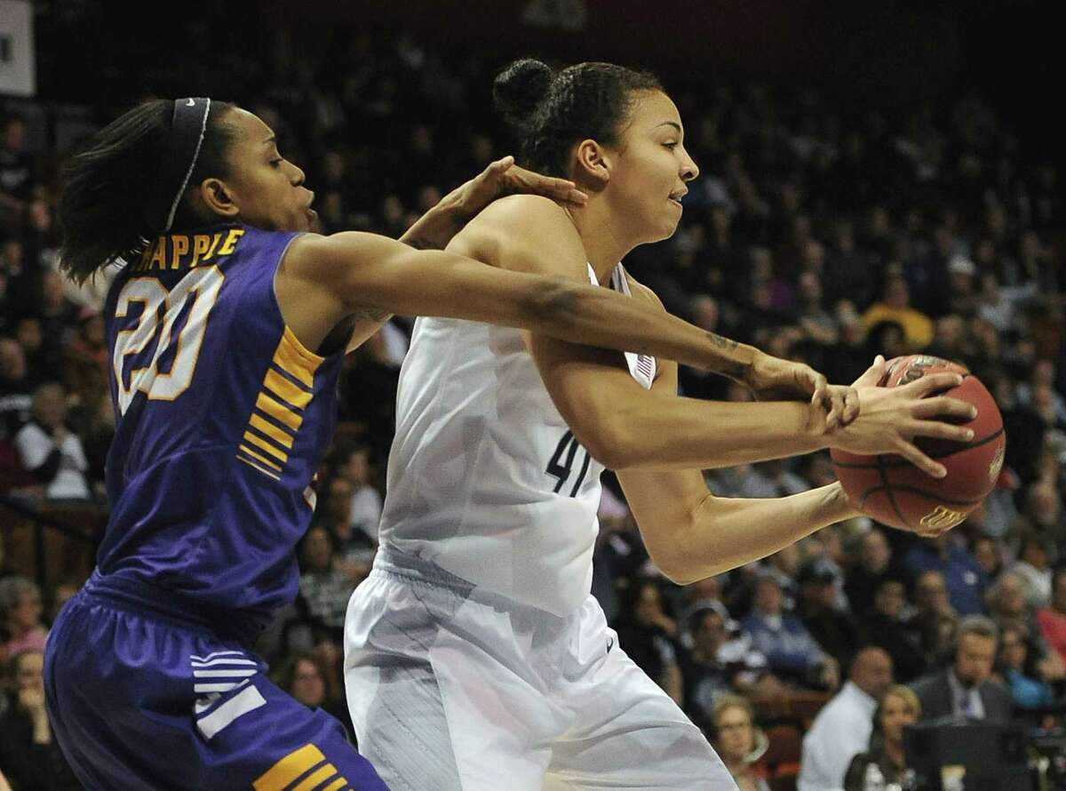 Kiah Stokes, right, and the UConn women’s basketball team will face USF on Monday in the AAC tournament championship game.