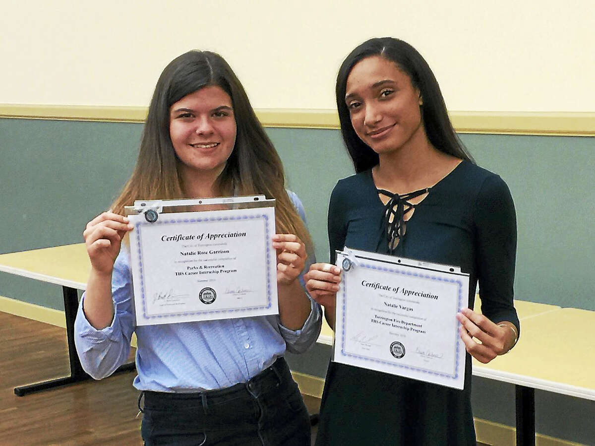 Ben Lambert - The Register CitizenNatalie Rose Garrison and Natalie Vargas, two of the Torrington High School students recognized Monday for their internships with the city government over the summer.