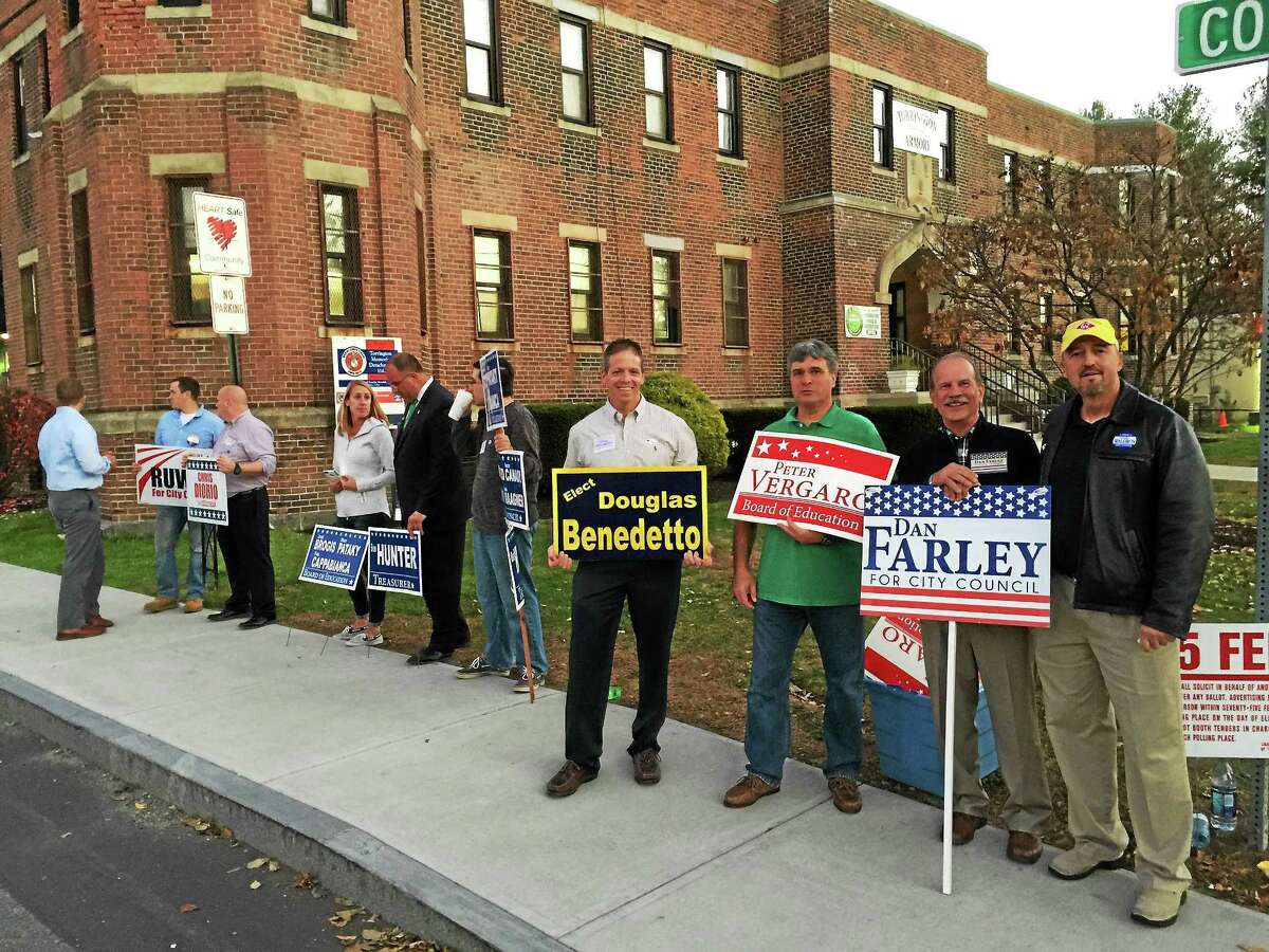 Candidates gather outside of the Torrington armory during the 2015 Torrington municipal elections.