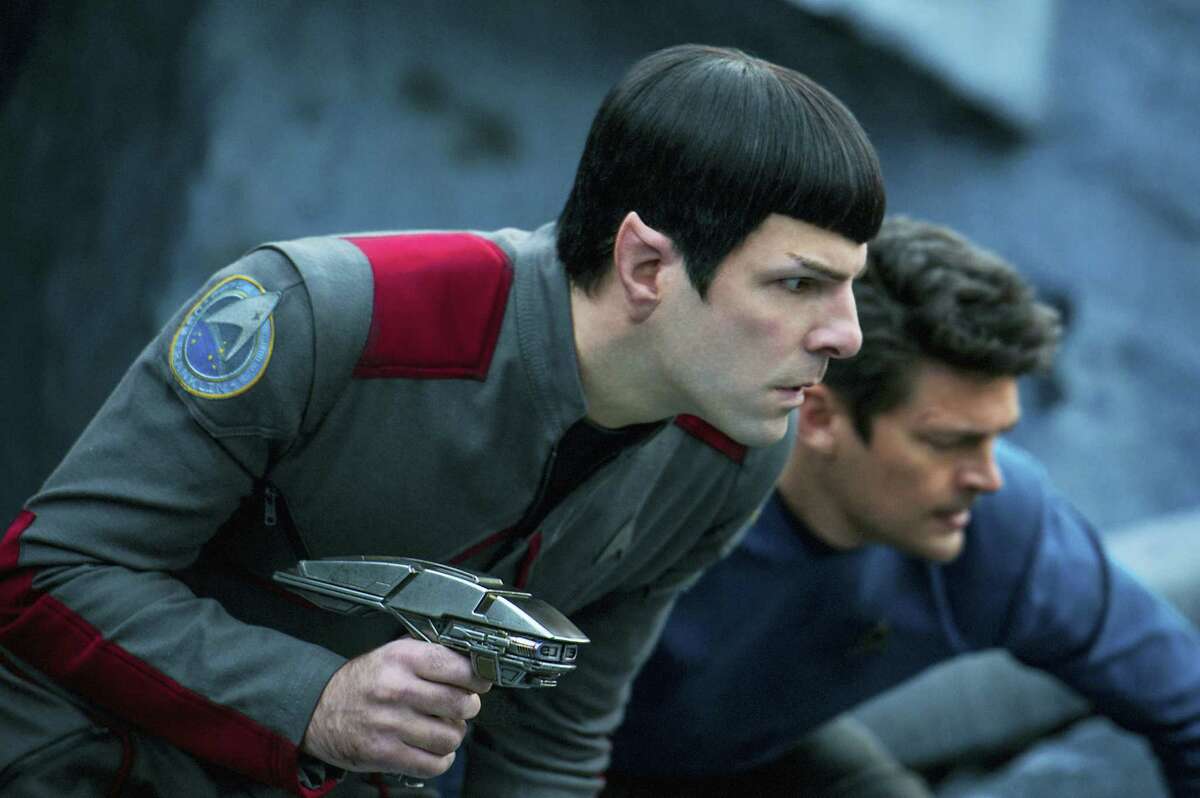 In this image released by Paramount Pictures, Zachary Quinto, left, and Karl Urban appear in a scene from “Star Trek Beyond.”