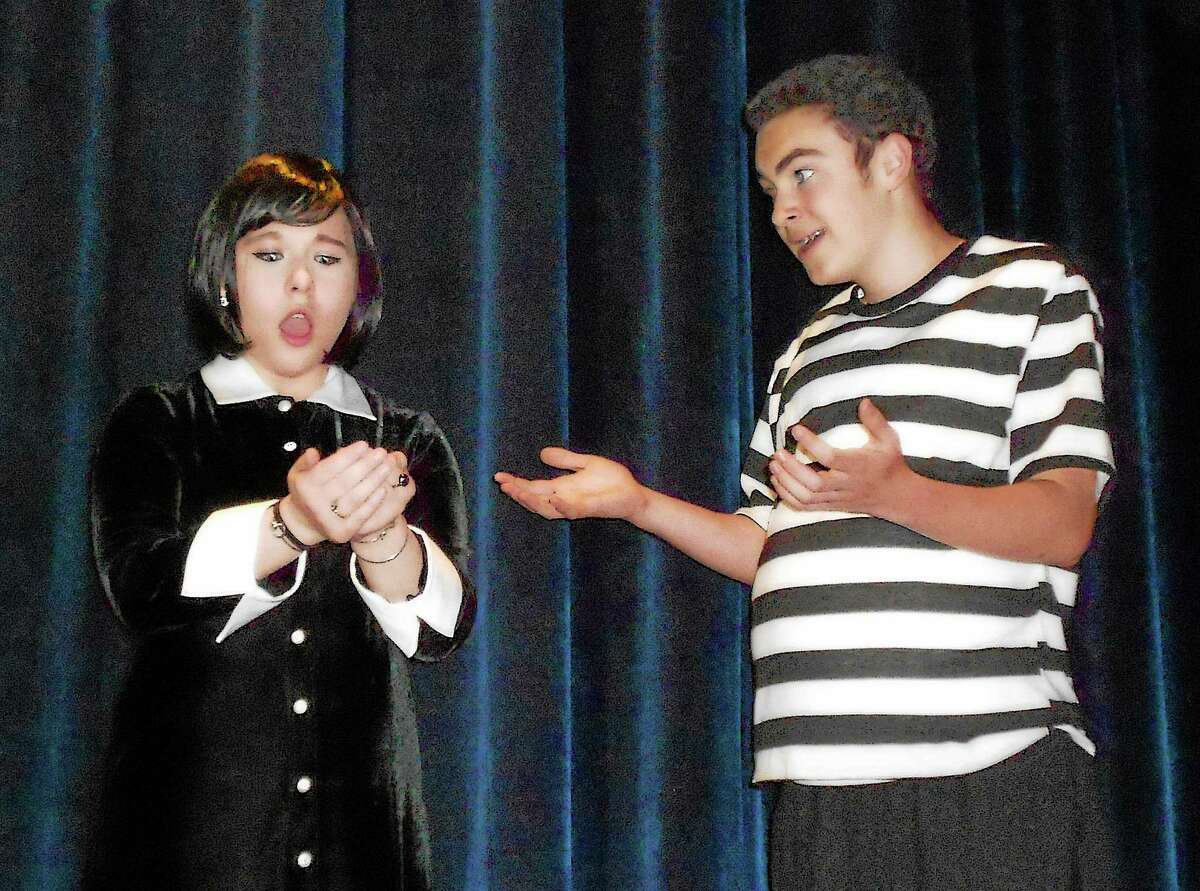 Photo by Nick Bensen Zachary Herz as Pugsley and Elena Thornton as Wednesday in the AHS Theatre production of The Addams Family, April 24-26 at Avon High School.