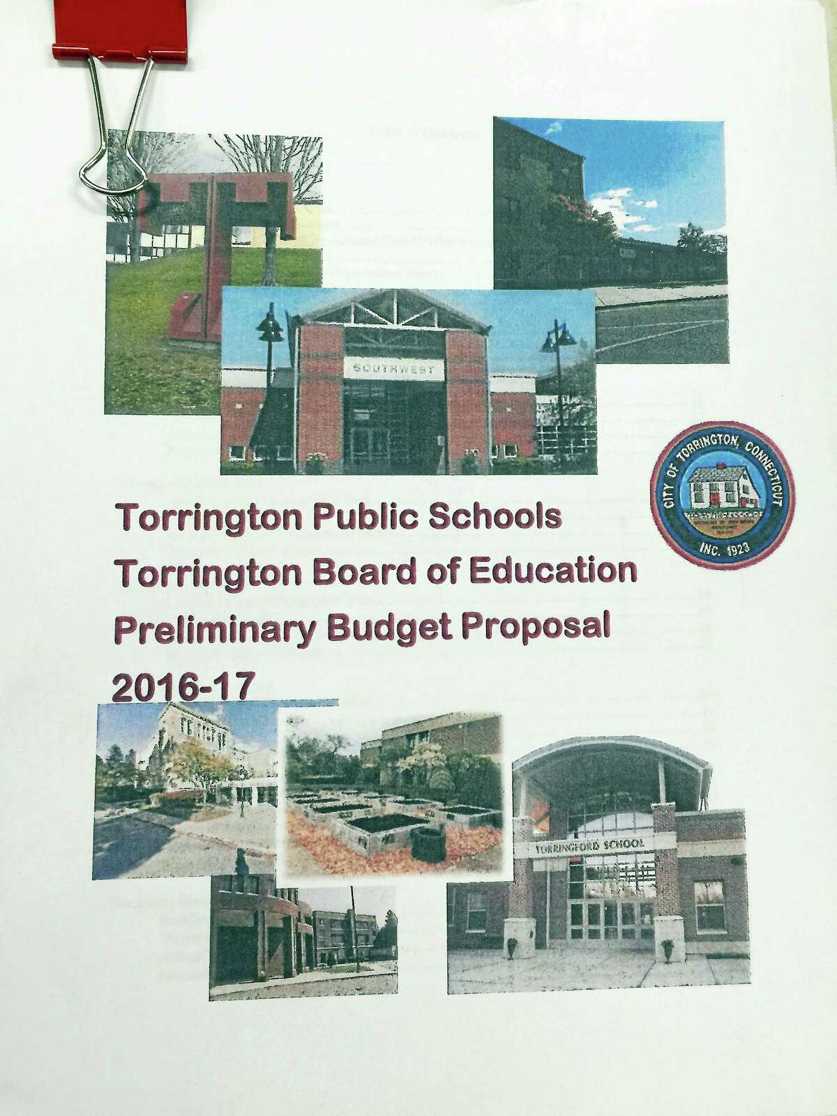 The cover of the preliminary Torrington public schools budget for the 2016-17 fiscal year.