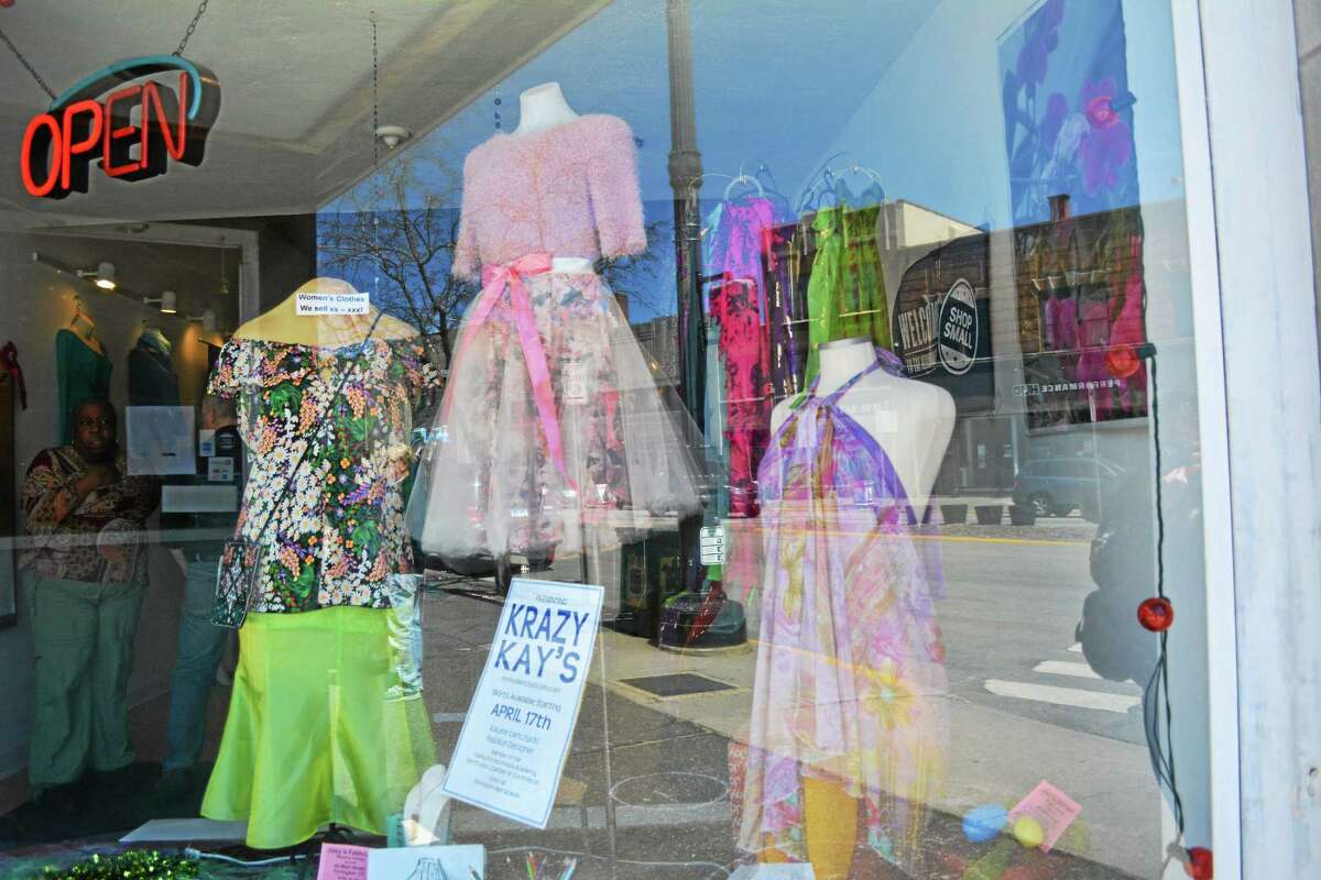 The front window of Joey’s Fashions on Main St. features hand-made tulle skirts by a student at Torrington High School.