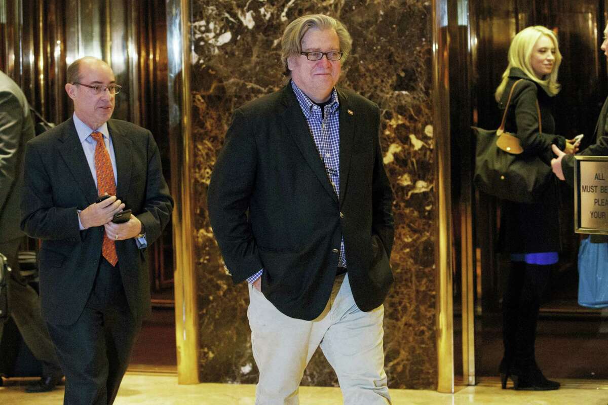 In this Nov. 11, 2016 photo, Stephen Bannon, campaign CEO for President-elect Donald Trump, leaves Trump Tower in New York. Trump on Sunday named Republican Party chief Reince Priebus as White House chief of staff and conservative media owner Bannon as his top presidential strategist, two men who represent opposite ends of the unsettled GOP.