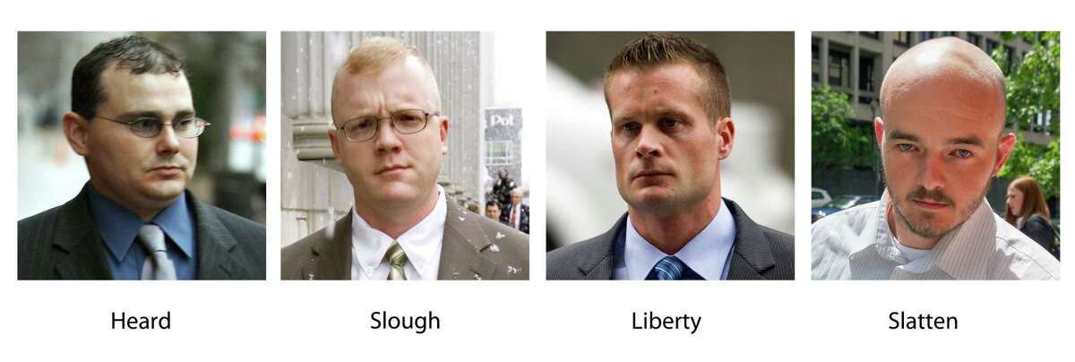 In these various photos, Blackwater guards, from left, Dustin Heard, Paul Slough, Evan Liberty and Nicholas Slatten. A years-long legal fight over a deadly mass shooting of civilians in an Iraq war zone reaches its reckoning point, when four former Blackwater security guards are sentenced for the rampage. Three of the guards, Dustin Heard, Evan Liberty and Paul Slough, face mandatory decades-long sentences because of firearms convictions. A fourth, Nicholas Slatten, faces a penalty of life in prison after being found guilty of first-degree murder.
