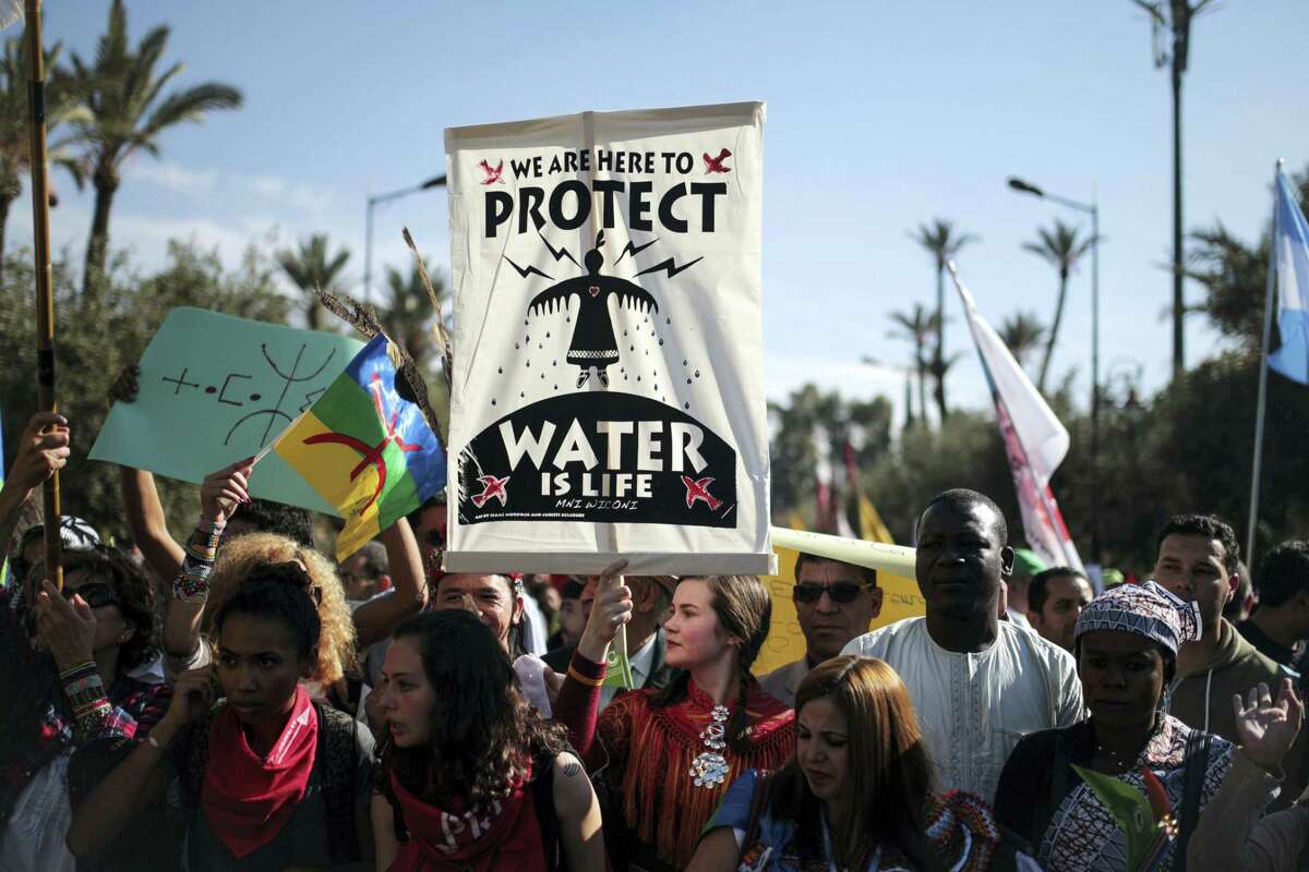 Hundreds protest against climate change and urge world leaders to take action, in a march coinciding with the Climate Conference, known as COP22, taking place in Marrakech, Morocco on Nov. 13, 2016.