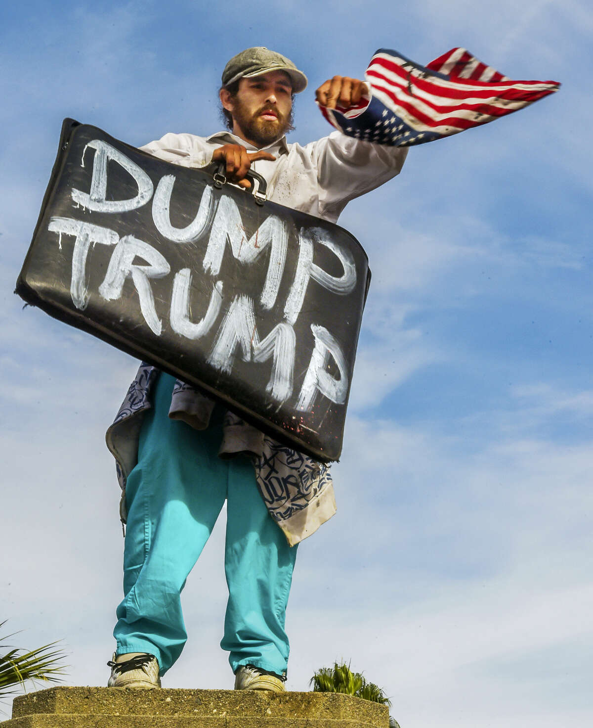 A protester demonstrates in an anti-Trump protest against President-elect, Donald Trump, that started at MacArthur Park and ended at the Edward Royal Federal Building in downtown Los Angeles on Nov. 12, 2016. Several thousand people marched through downtown streets Saturday to condemn what they saw as Trump’s hate speech about Muslims, pledge to deport people in the country illegally and crude comments about women.