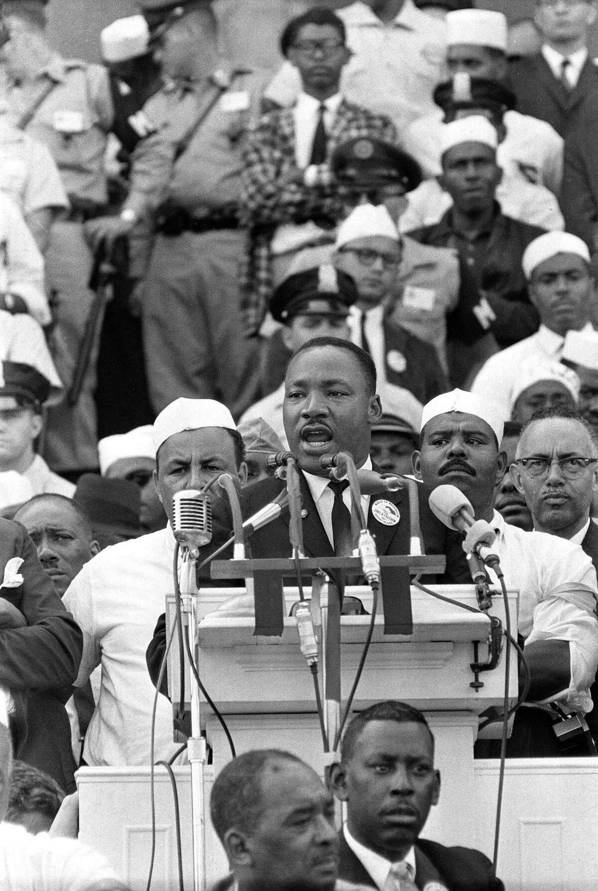 In this Aug. 28, 1963, photo, The Rev. Dr. Martin Luther King Jr., head of the Southern Christian Leadership Conference, gestures during his “I Have a Dream” speech as he addresses thousands of civil rights supporters gathered in Washington, D.C. Months before the Rev. Martin Luther King Jr. delivered his famous speech to hundreds of thousands of people, he fine-tuned his civil rights message before a much smaller audience in North Carolina. Reporters had covered King’s 55-minute speech at a high school gymnasium in Rocky Mount on Nov. 27, 1962, but a recording was not known to exist until English professor Jason Miller found an aging reel-to-reel tape in the townís public library.