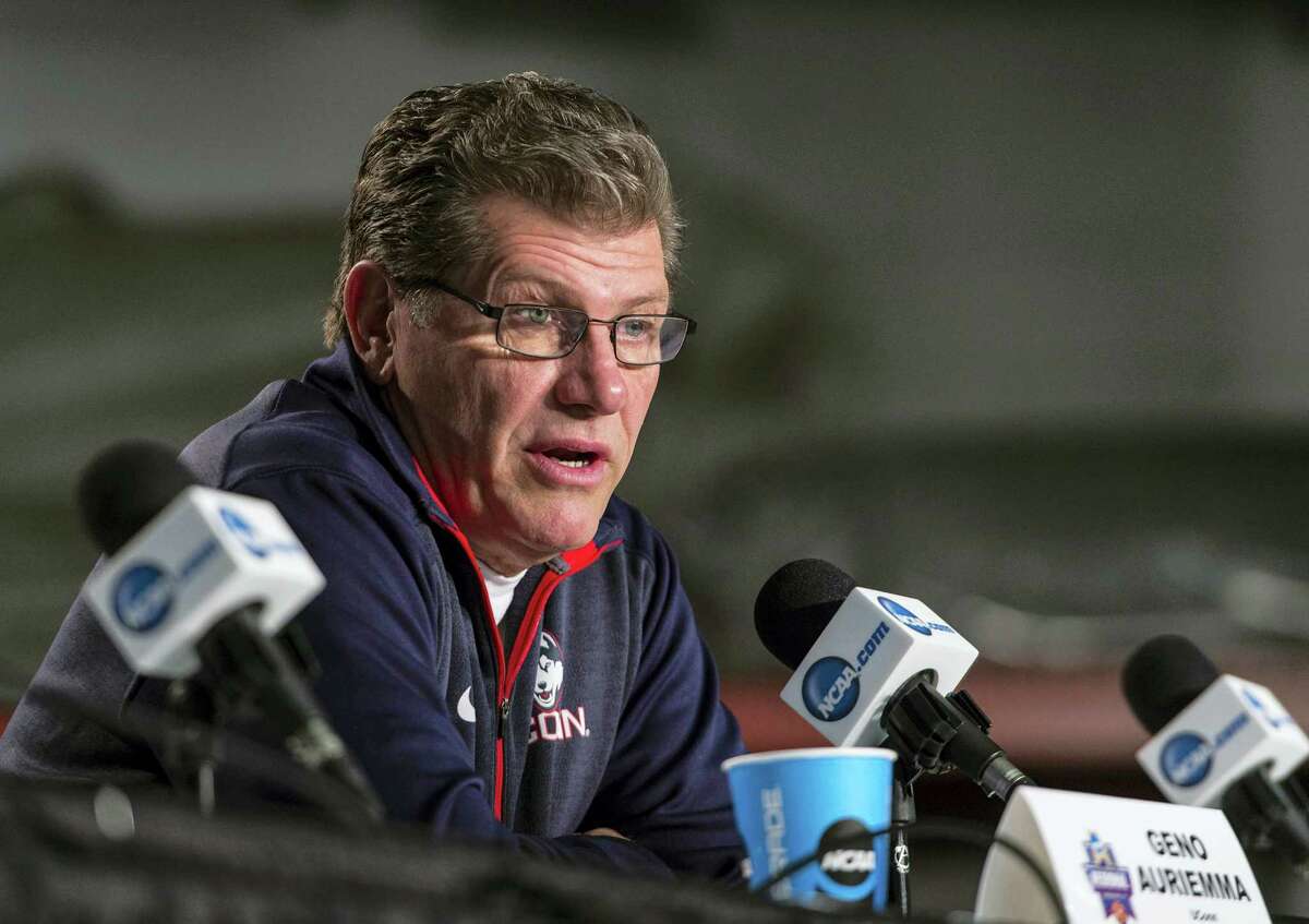 UConn coach Geno Auriemma speaks at a press conference during the NCAA tournament.