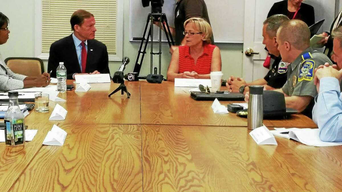 Senator Richard Blumenthal and Mayor Elinor Carbone during Monday’s discussion on how to combat the rising number of heroin and opiate related deaths in the state.