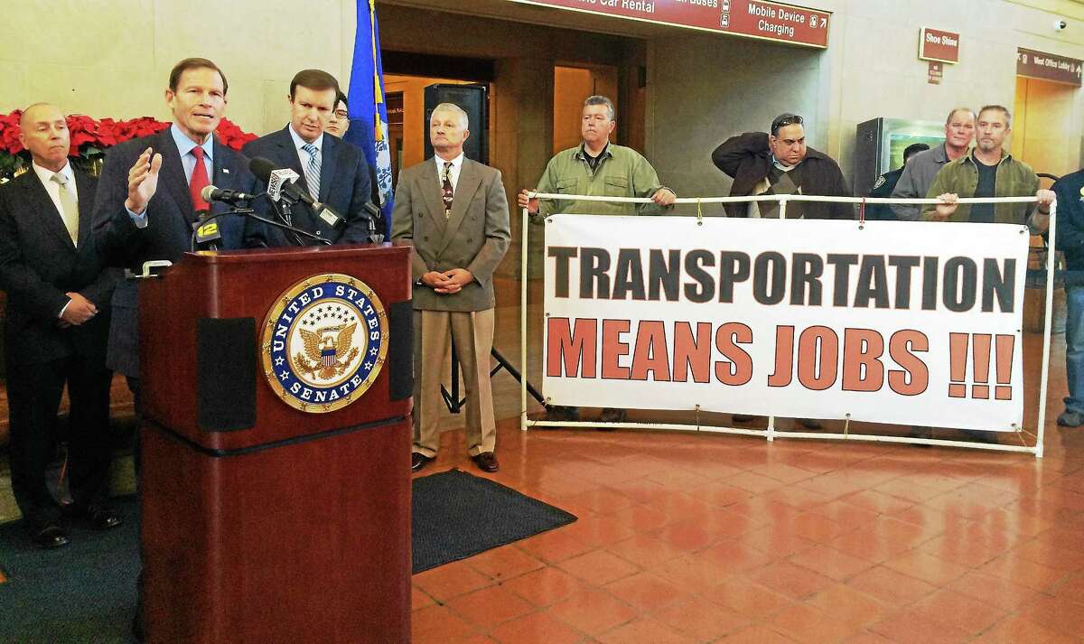 U.S. Sen. Richard Blumenthal, D-Conn., speaks at New Haven’s Union Station on Friday. Blumenthal, along with U.S. Sen. Chris Murphy and members of Connecticut’s construction industry hailed congress passing a federal transportation funding bill Thursday.