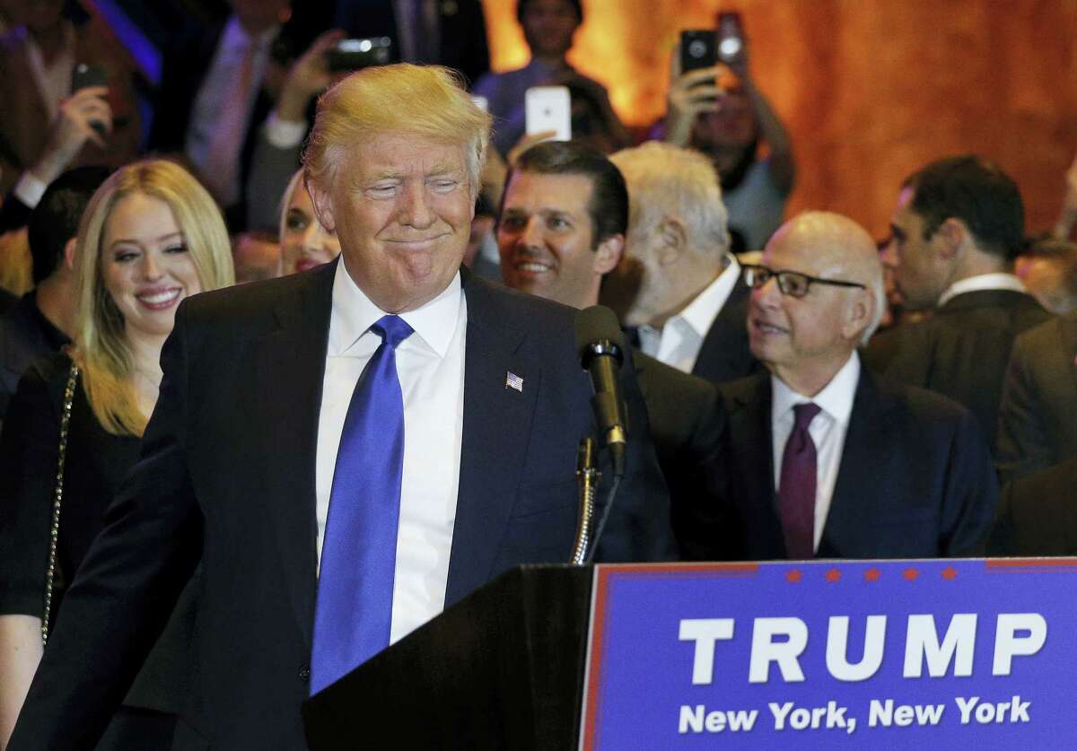 Republican presidential candidate Donald Trump prepares to speak during a New York primary night campaign event Tuesday, April 19, 2016, in New York.