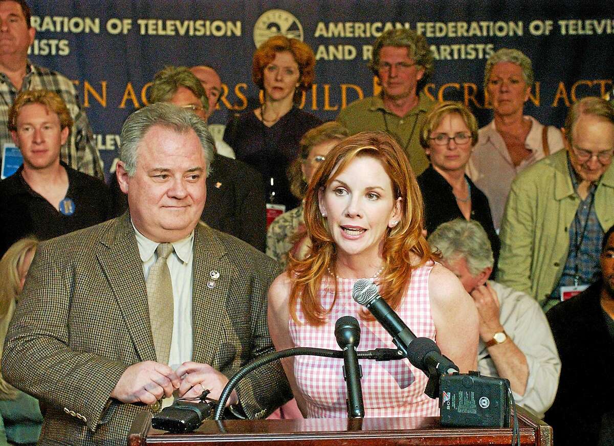Melissa Gilbert, right, president of the Screen Actors Guild, and John Connolly, president of the American Federation of Television and Radio Artists, left, answer questions during a news conference Tuesday, July 1, 2003, in Los Angeles.