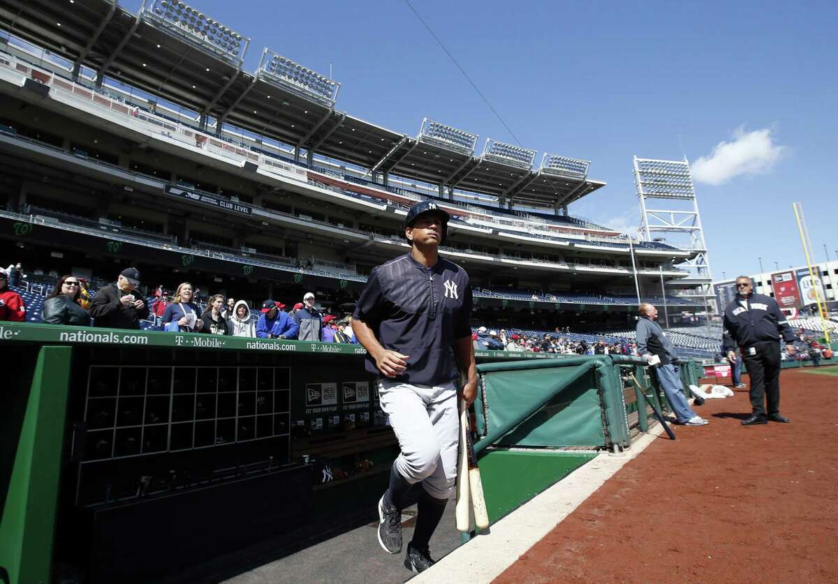 New York Yankees third baseman Alex Rodriguez takes the field for batting practice before a spring training game at Nationals Park on Saturday in Washington.