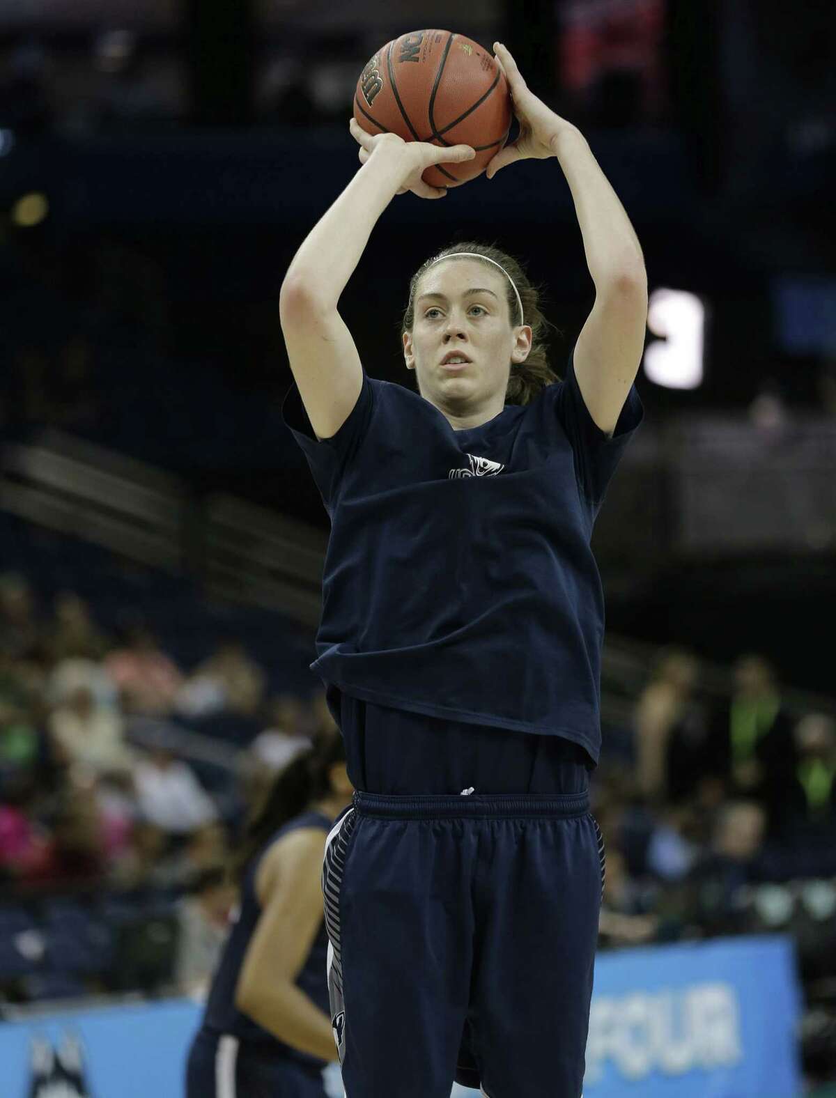 Connecticut forward Breanna Stewart shoots during a Saturday practice session for the NCAA Final Four tournament women’s college basketball semifinal game in Tampa, Fla. Connecticut will play Maryland Sunday in a semifinal game.