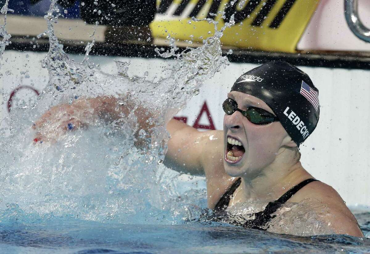 United States swimmer Katie Ledecky celebrates after winning the women’s 800-meter freestyle final Saturday at the Swimming World Championships in Kazan, Russia.