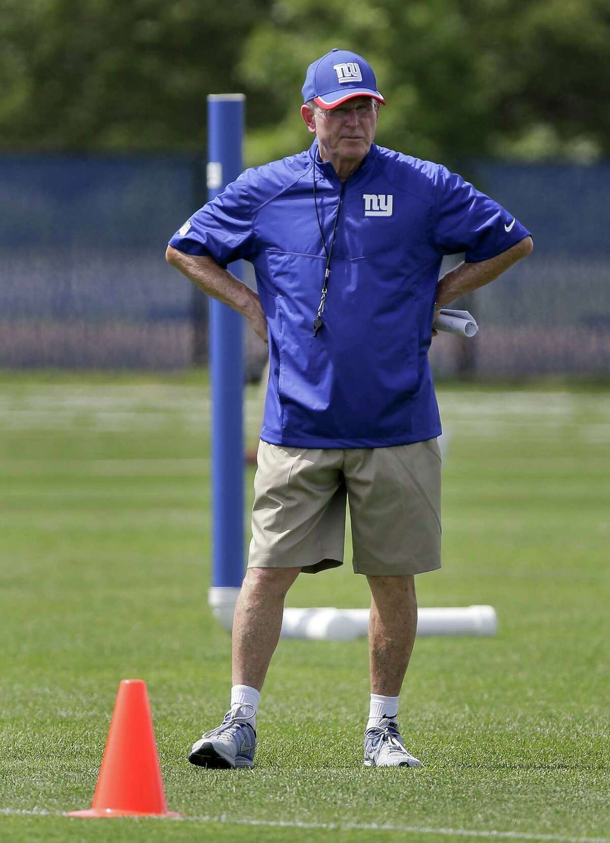 New York Giants head coach Tom Coughlin watches practice Thursday in East Rutherford, N.J.